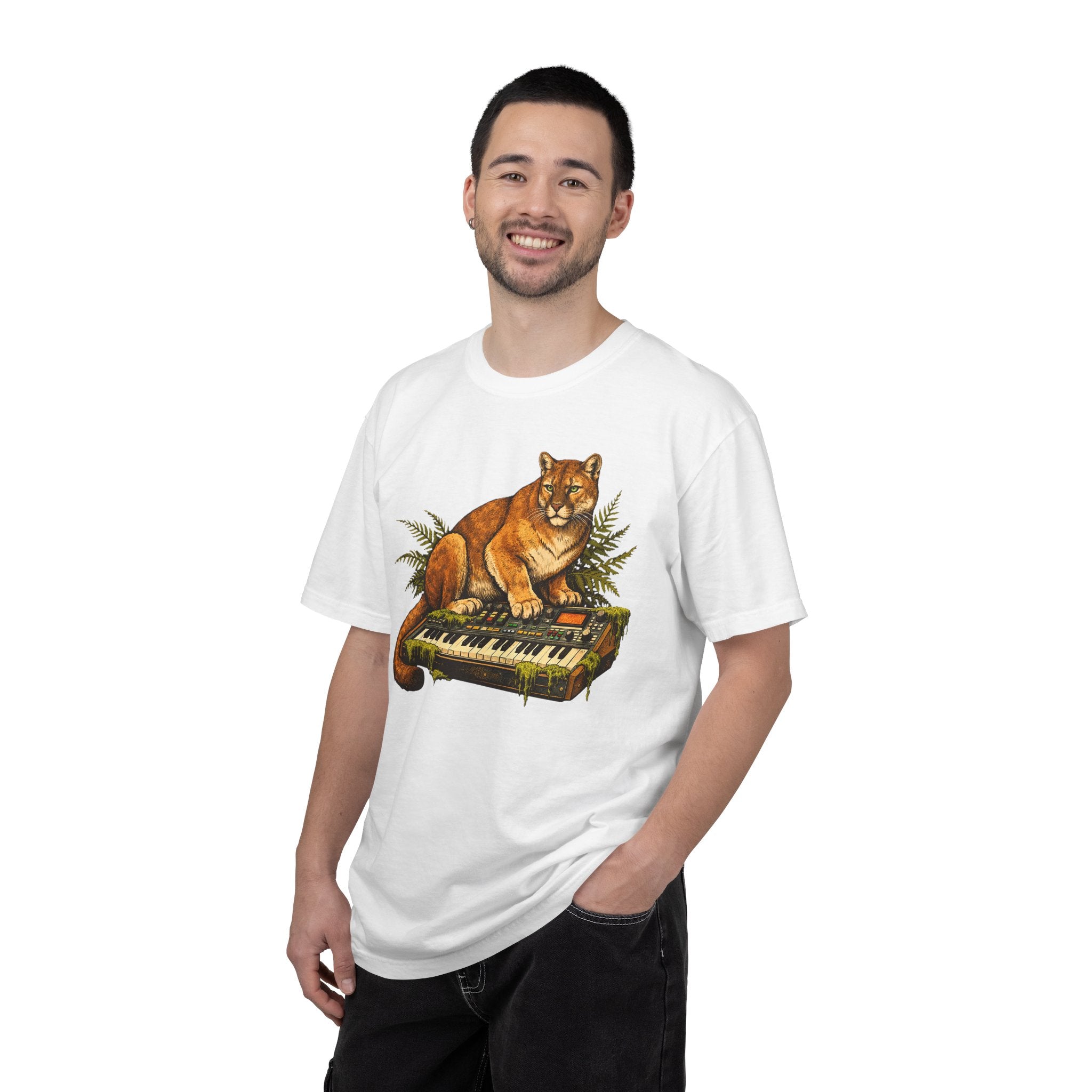 Cougar on Vintage Keyboard T-Shirt | Forest-Inspired Music & Wildlife Design