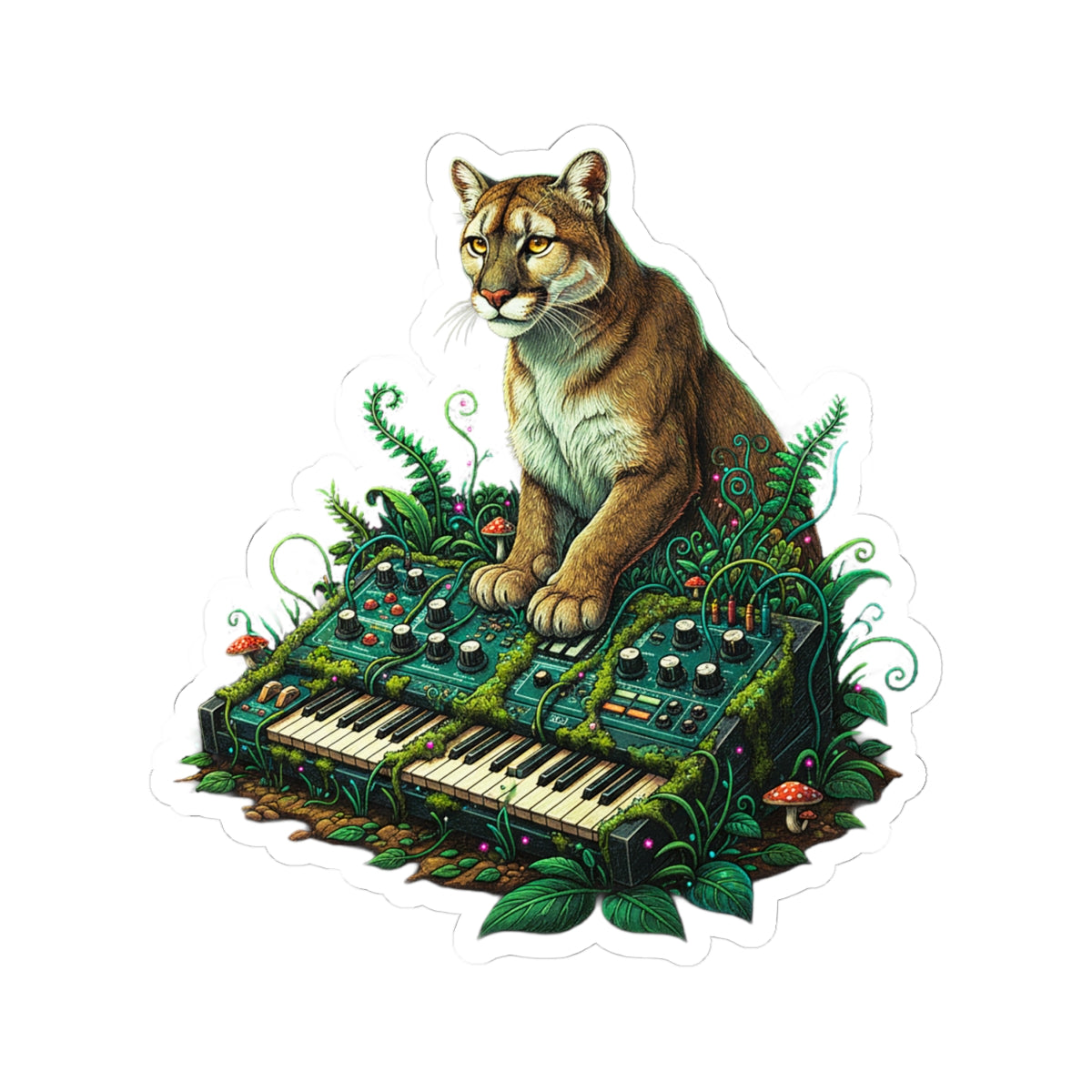 Vintage Cougar Synthesizer Sticker | Realistic Wildlife Retro Synth Art