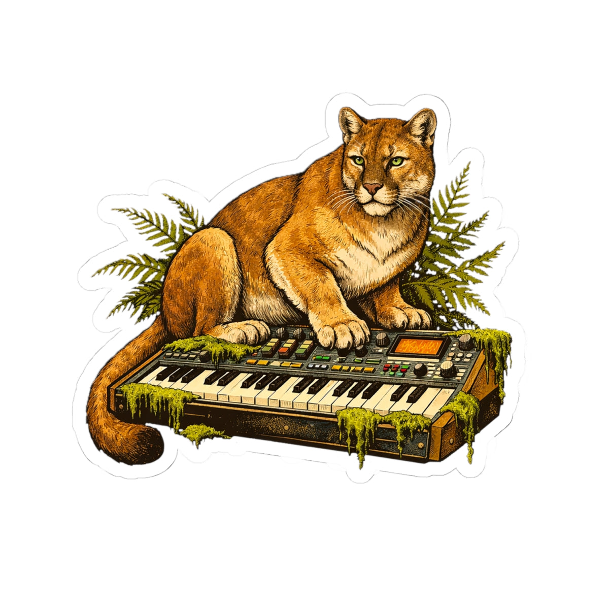 Cougar on Vintage Synth Sticker | Retro Keyboard Nature Decal