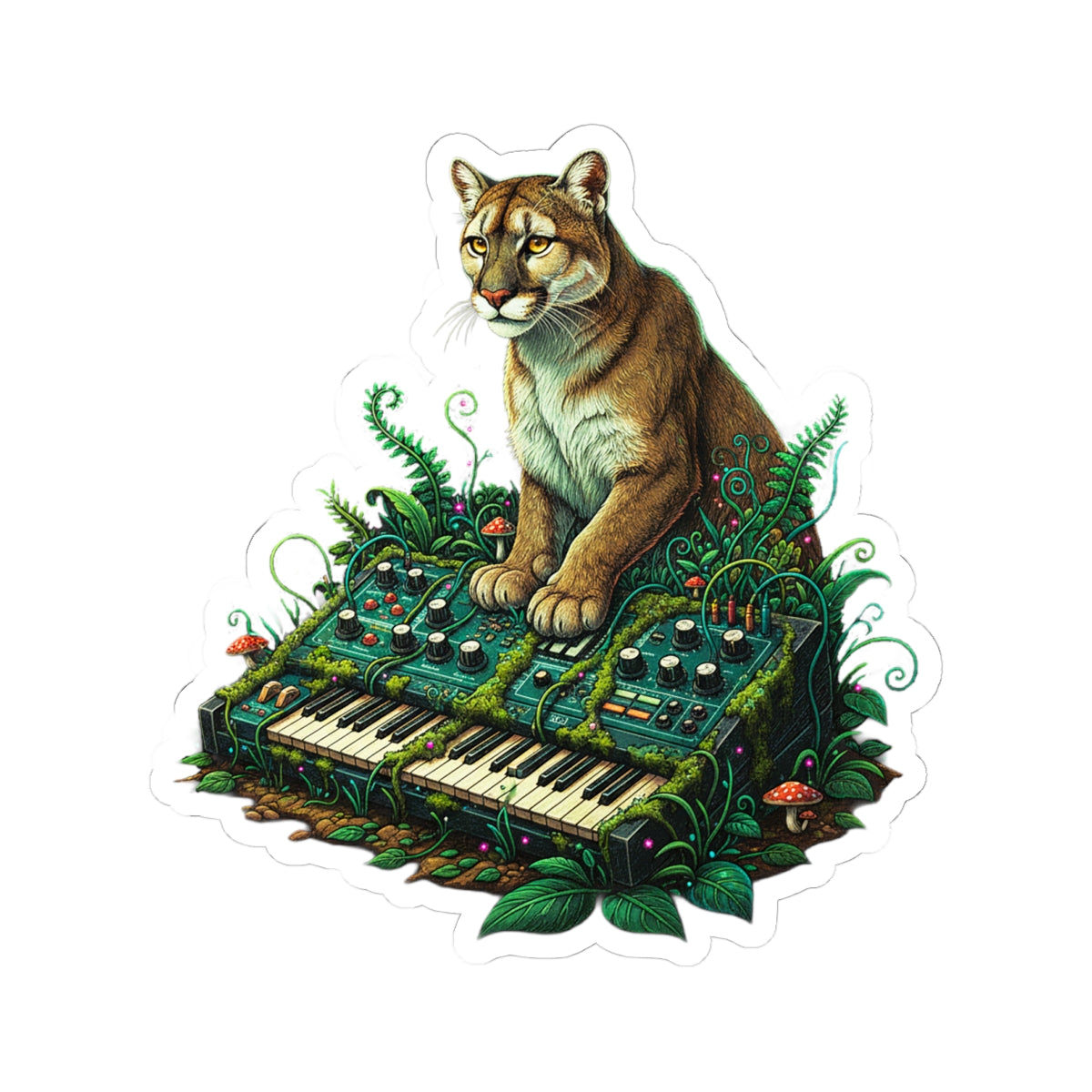 Vintage Cougar Synthesizer Sticker | Realistic Wildlife Retro Synth Art