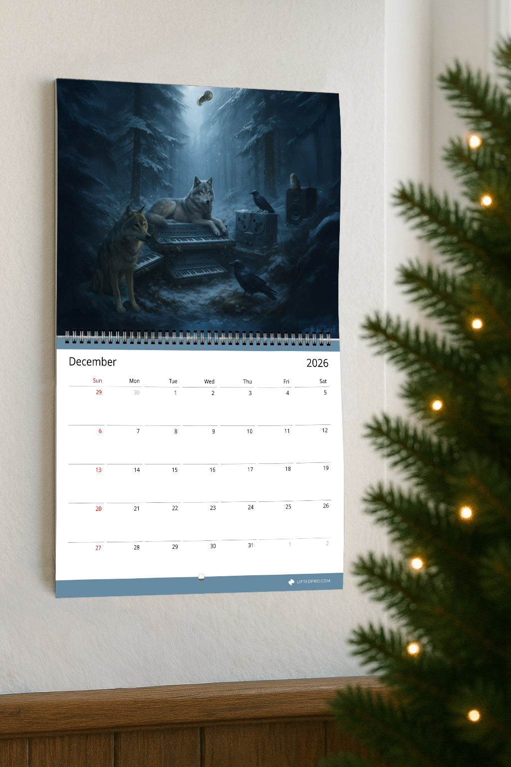 Wall calendar with a wolf illustration for December 2026, next to a Christmas tree.