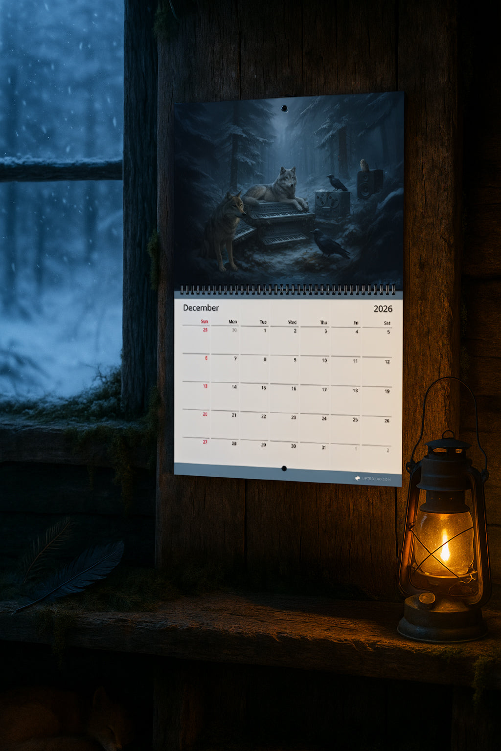 Calendar with a winter scene on a wooden surface next to a lantern, with a snowy window in the background.