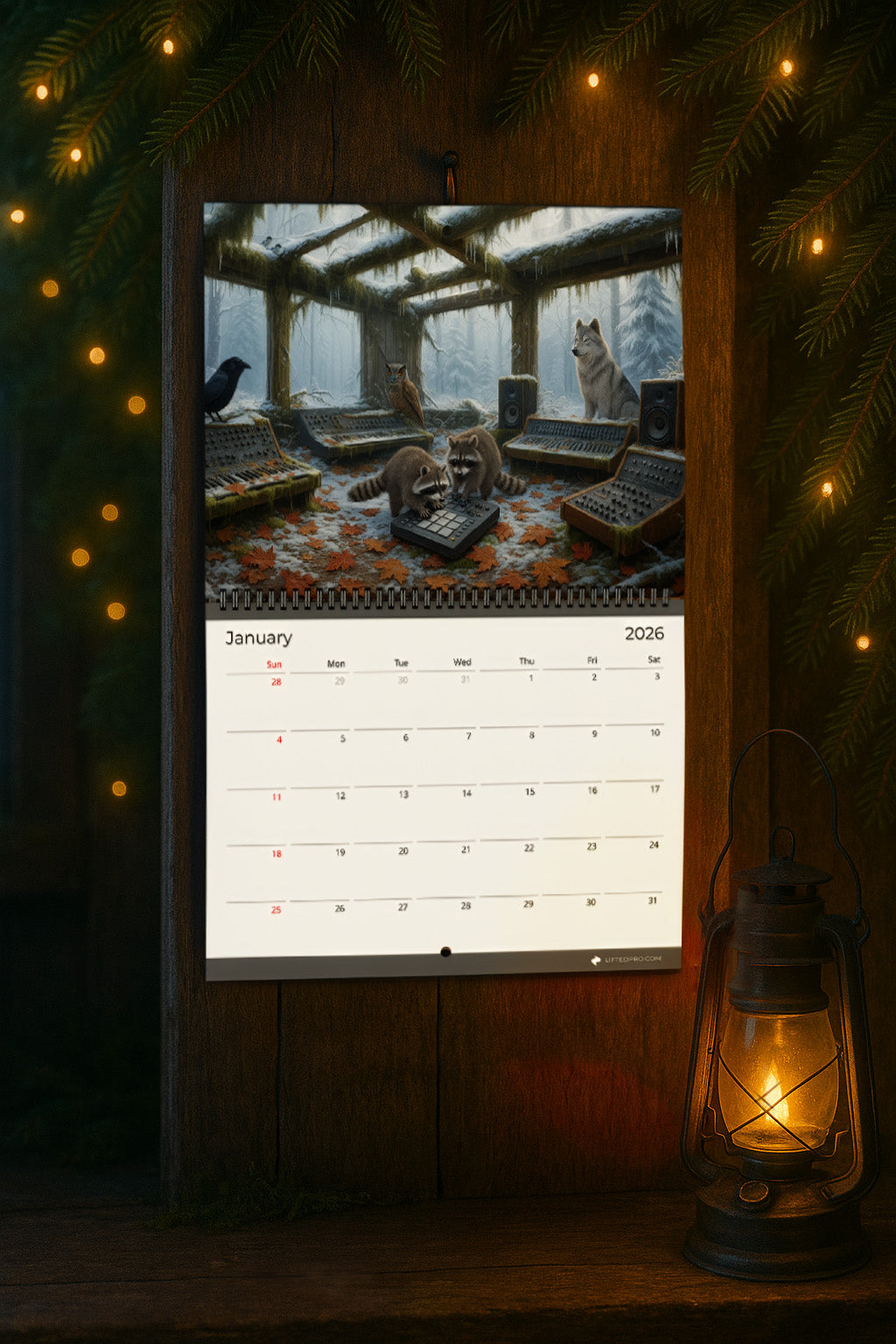 Calendar with a winter scene of animals in a cabin, displayed on a wooden surface with a lantern and lights.