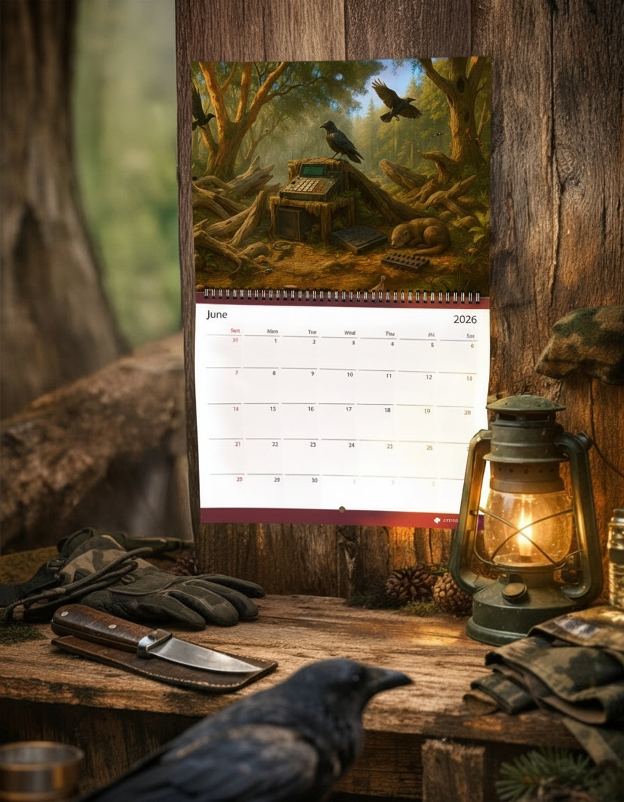 Calendar with nature-themed cover on a wooden surface with camera, lantern, and knife.
