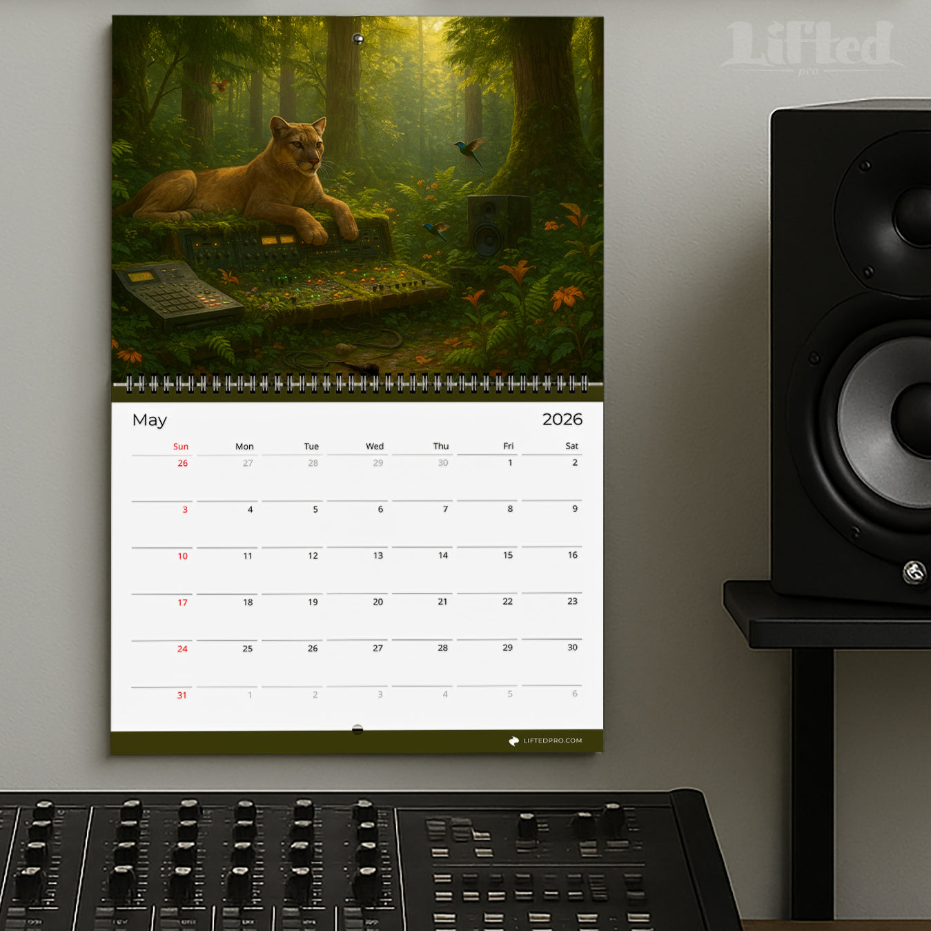 Calendar with a nature-themed cover featuring a lioness in a forest, displayed on a wall next to a speaker.
